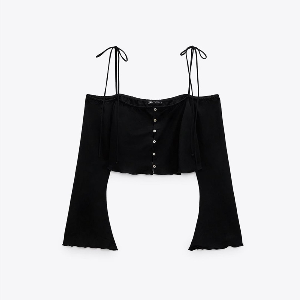 Zara Black Off Shoulder Button Down Flowy Crop Top Size S